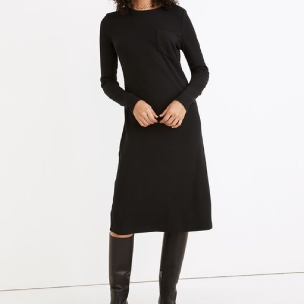 Madewell Long-Sleeve Pocket Tee Ribbed Dress | Black | Size Small
